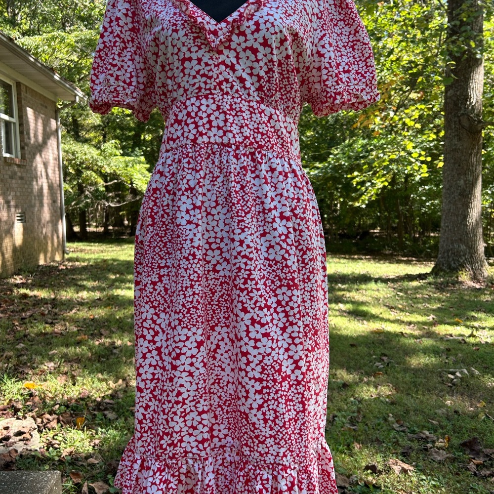 Ashley Judd Size 14 Cotton Dress Red White Flower Print - Picture 6 of 7